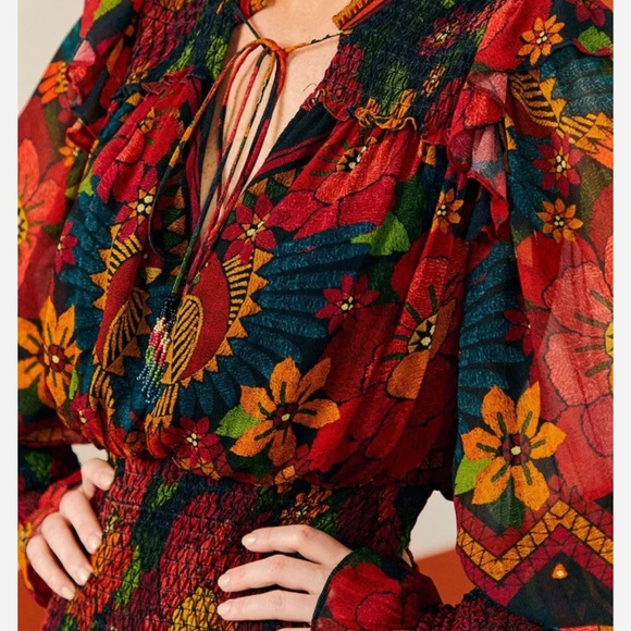 FARM Rio Red and Black Long Sleeve Gown with Bishop Sleeves - Picture 3 of 9